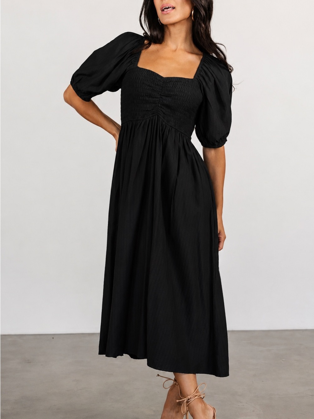 Baltic Born Black Smocked Puff Sleeve Midi Dress NWT Large Cottagecore Coquette